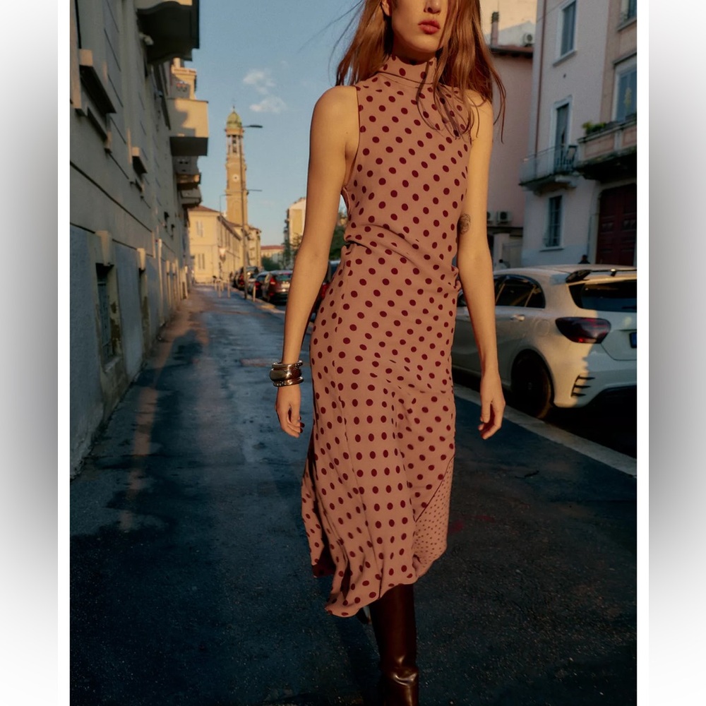 Zara NWT polka dot contrasting midi dress dusty pink & maroon dots